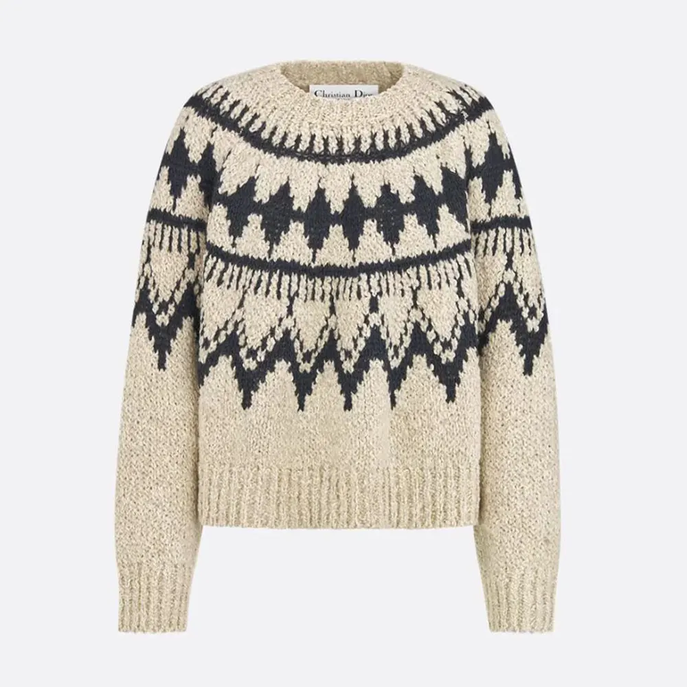 Front view of Dior Men DiorAlps Sweater Beige and Black Alpaca Wool and Cotton Knit