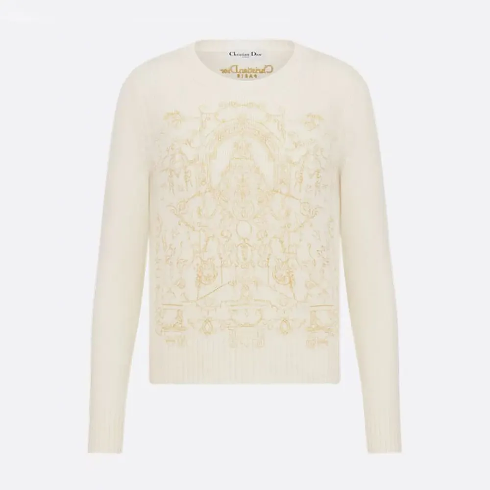 Front view of Dior Women Embroidered Sweater Ecru Cashmere Knit