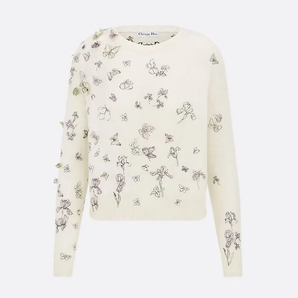 Front view of Dior Women Embroidered Sweater White Alpaca Cashmere and Silk Knit