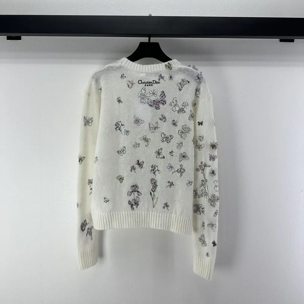 Side profile showing texture and fit of Dior Women Embroidered Sweater White Alpaca Cashmere and Silk Knit