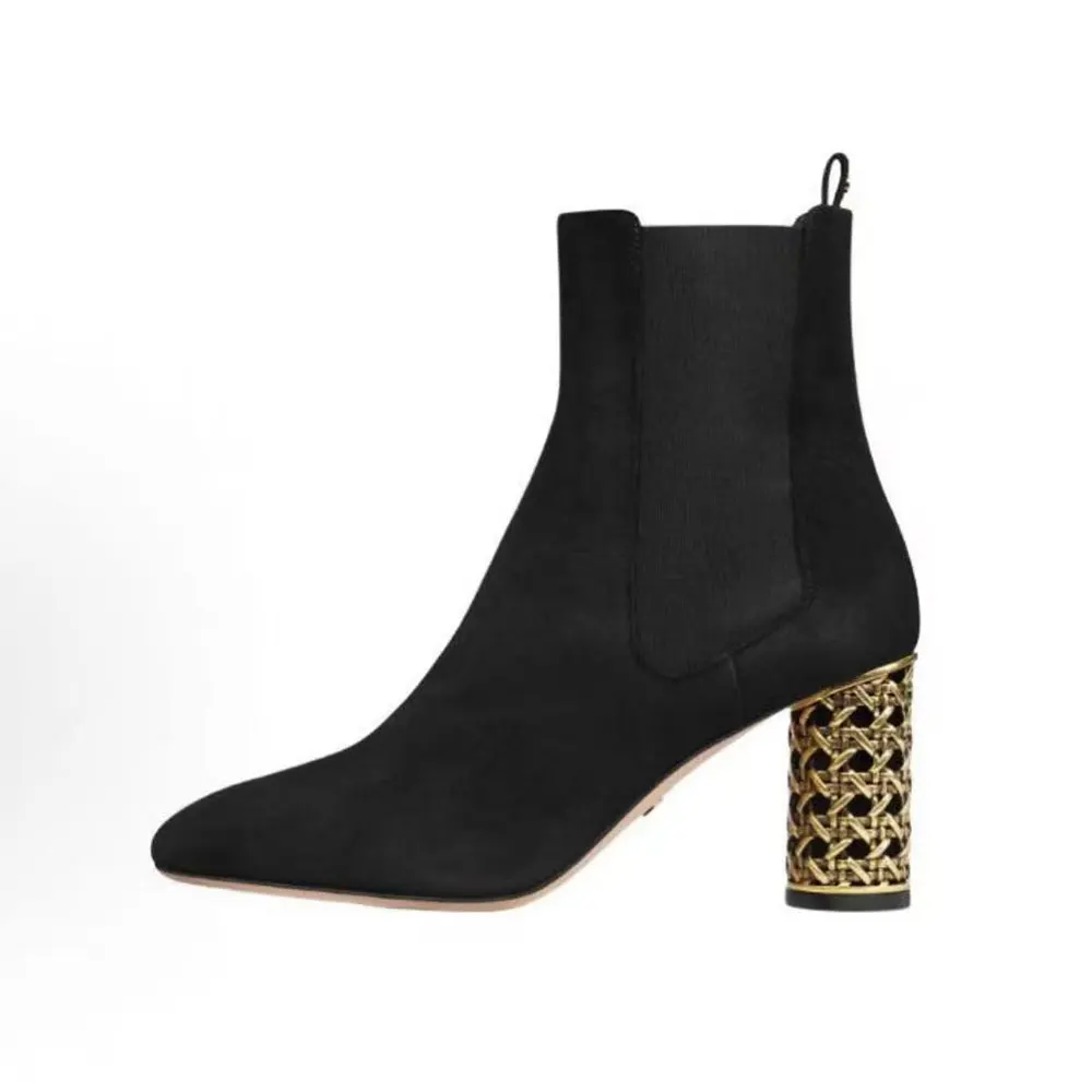 Side view of Dior Women Icon Heeled Ankle Boot Black Suede Goatskin