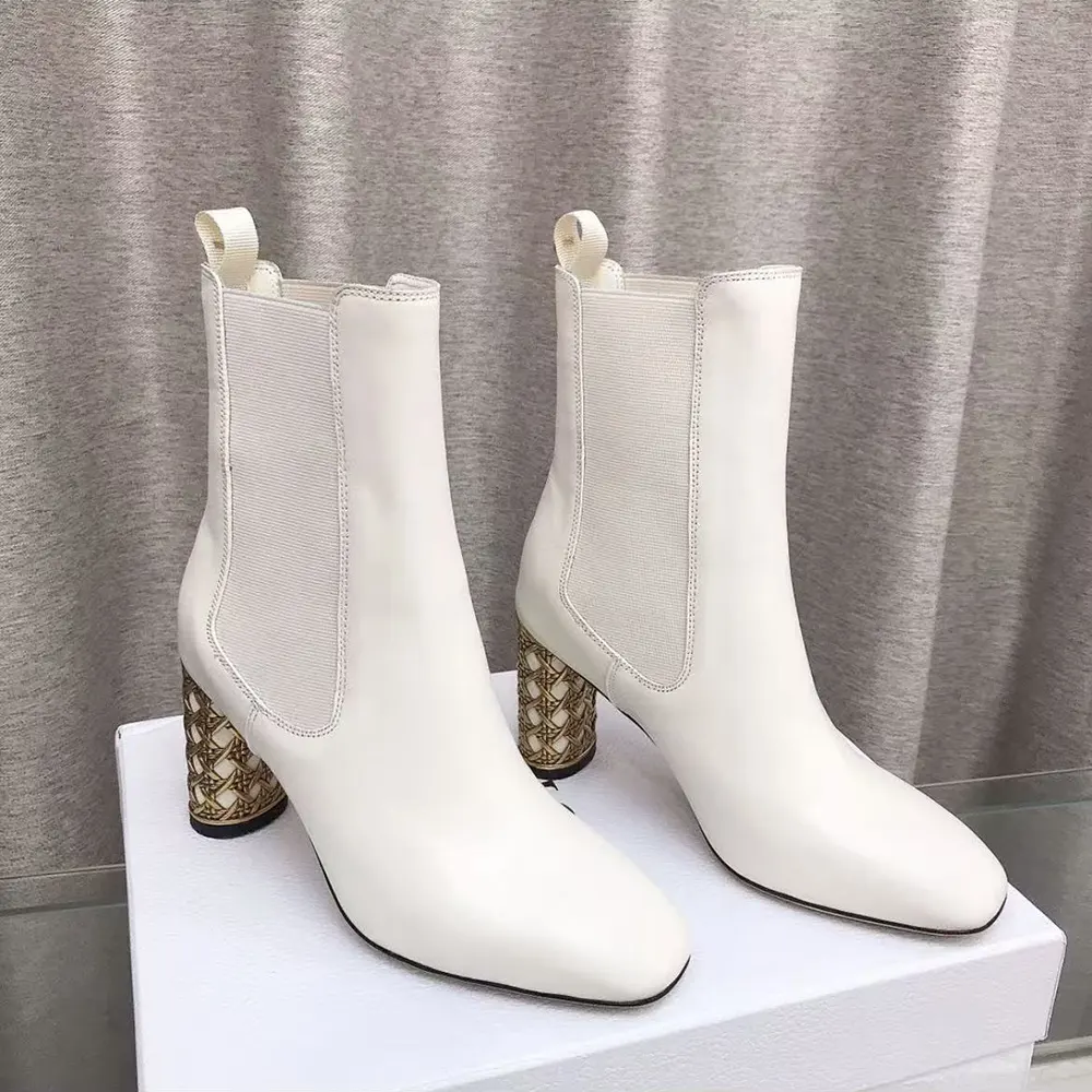 Side view of Dior Women Icon Heeled Ankle Boot White Calfskin
