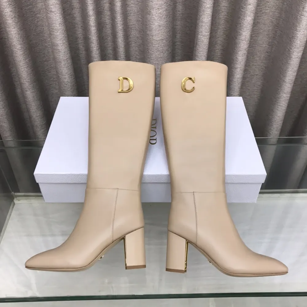 Side profile of Dior Women Logo Knee-High Boot in light beige calfskin