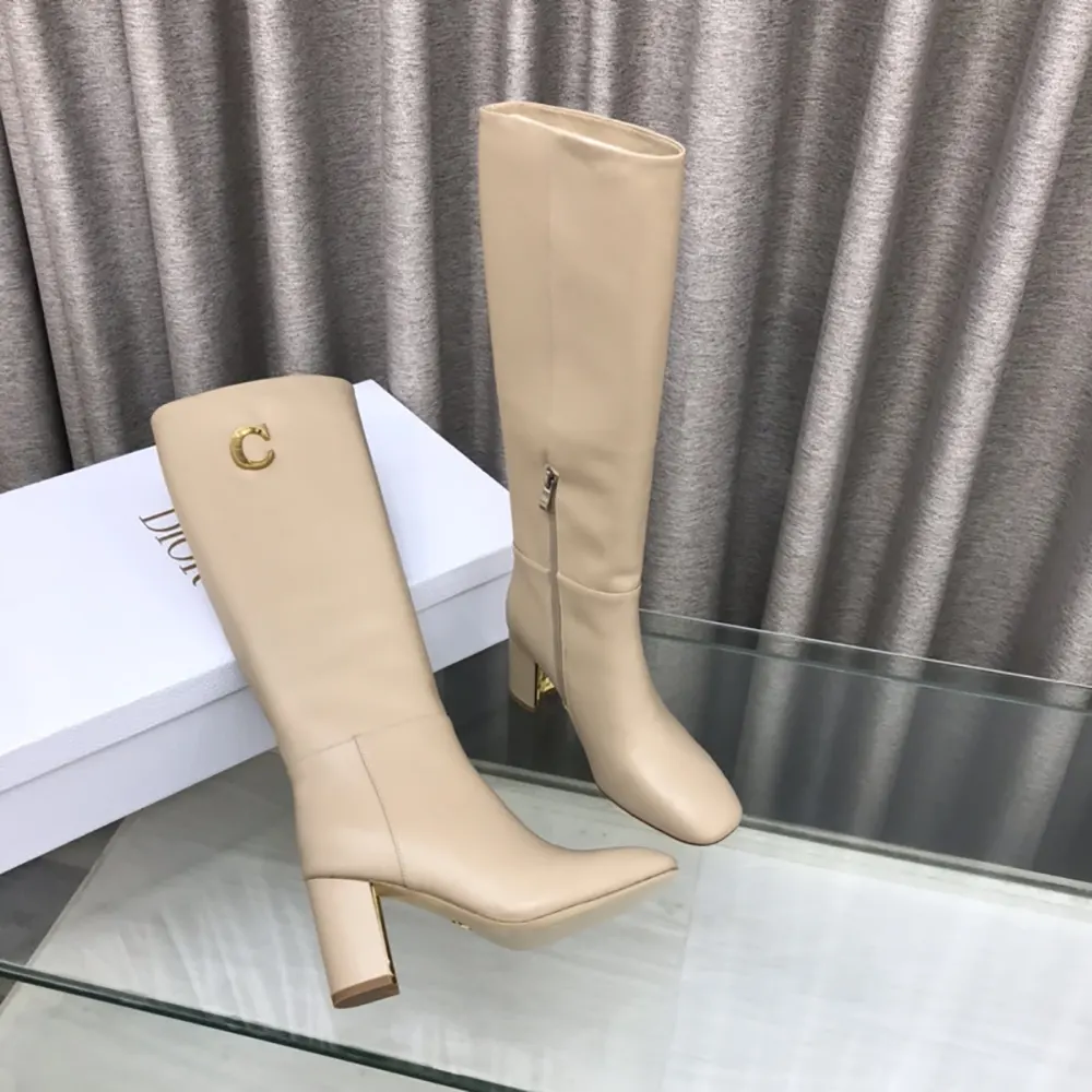 Dior Women Logo Knee-High Boot In Light Beige Calfskin with Gold-Tone Accents - image 6