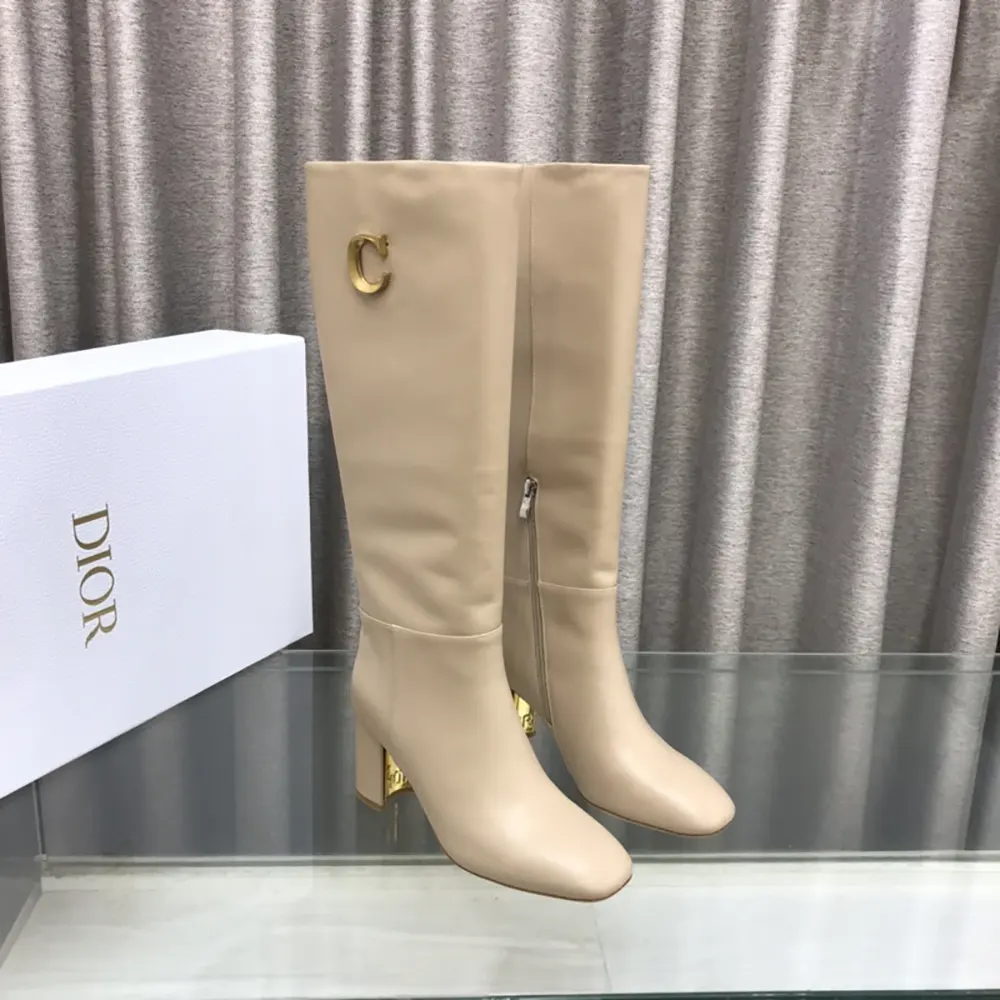 Close-up of gold-tone accents on Dior Women Logo Knee-High Boot