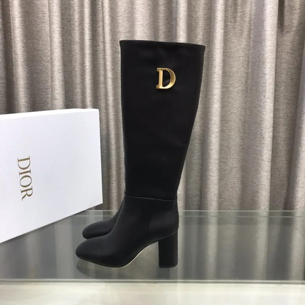 Close-up of gold-tone accents on Dior Women Logo Knee-High Boot