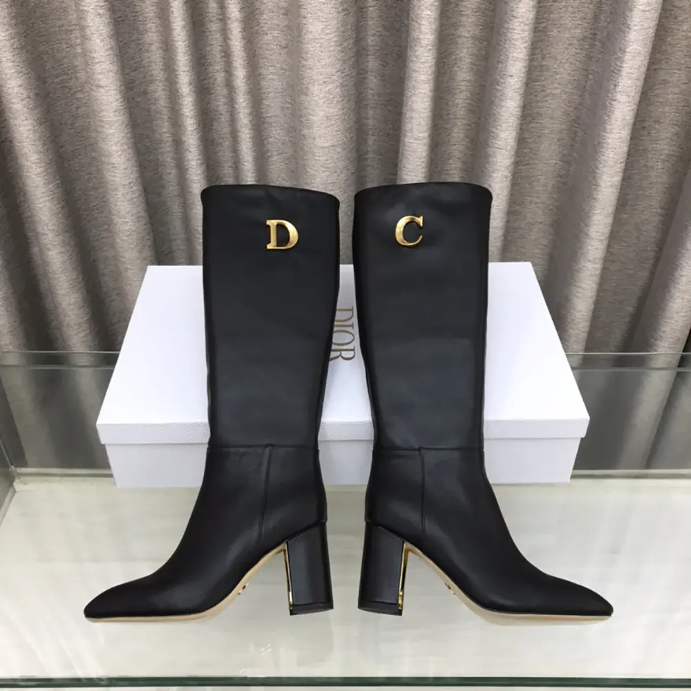 Side profile of Dior Women Logo Knee-High Boot in black calfskin