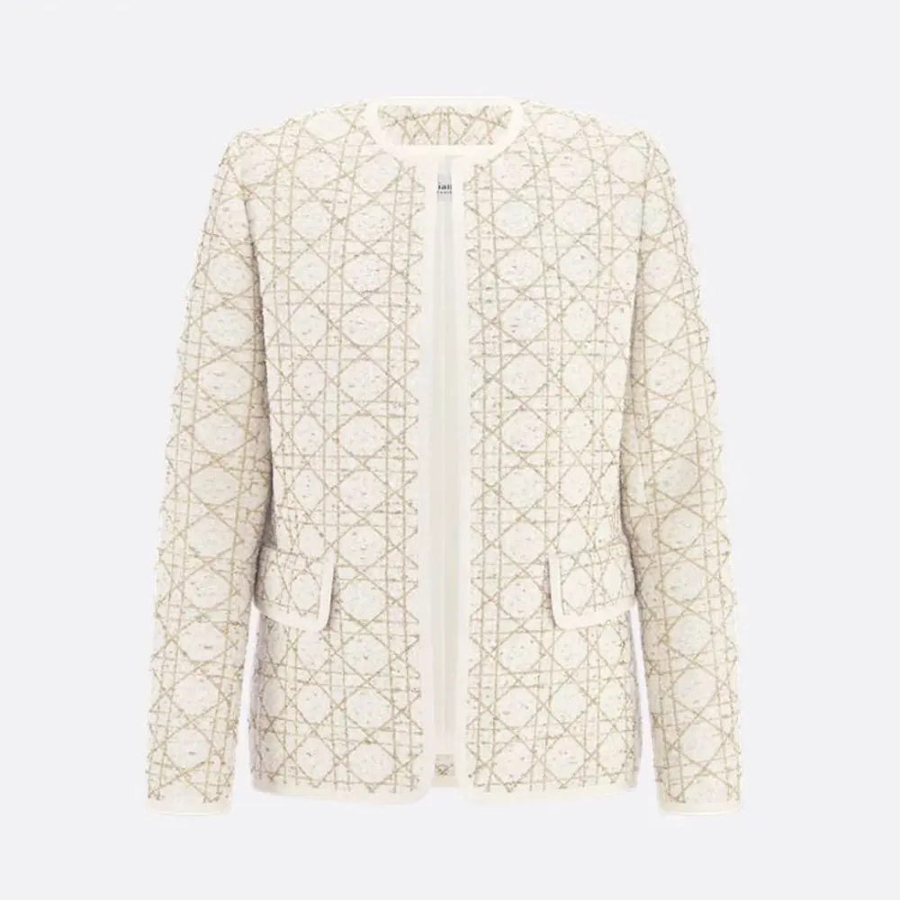 Front view of Dior Women Macrocannage Regular-Fit Jacket White and Gold-Tone Wool-Blend Tweed