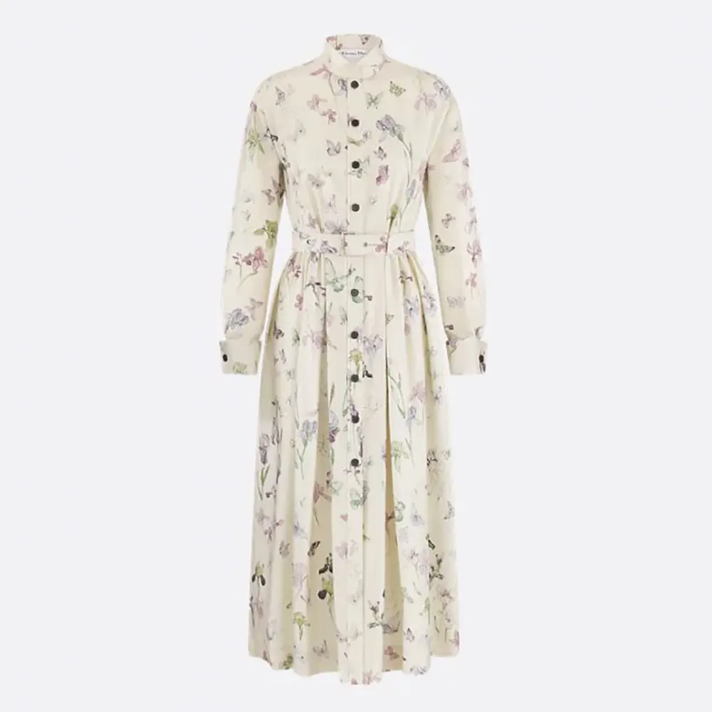 Front view of Dior Women Mid-Length Belted Shirtdress Beige Silk Twill