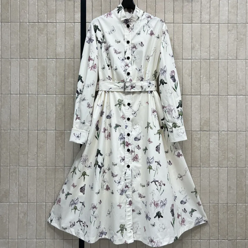 Close-up of multicolor butterfly and iris motif on Dior shirtdress