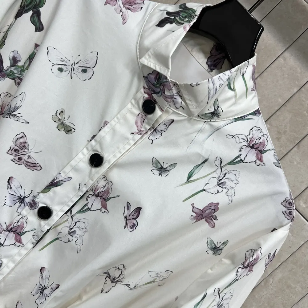 Dior Women Mid-Length Belted Shirtdress Beige Silk Twill with Multicolor Butterflies & Iris Motif - image 4