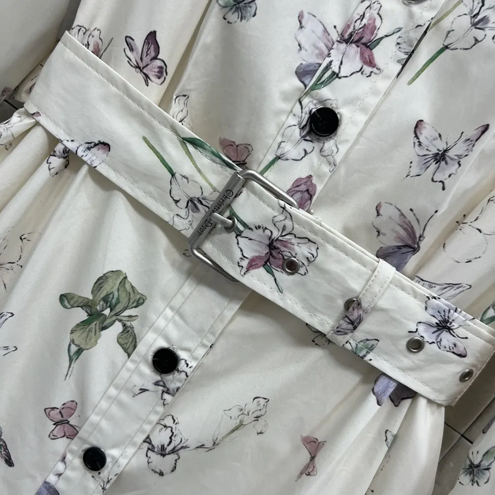 Dior Women Mid-Length Belted Shirtdress Beige Silk Twill with Multicolor Butterflies & Iris Motif - image 9