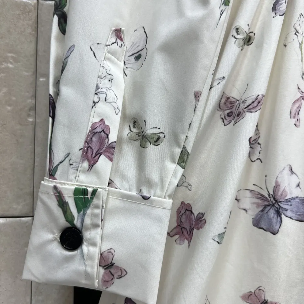 Dior Women Mid-Length Belted Shirtdress Beige Silk Twill with Multicolor Butterflies & Iris Motif - image 6