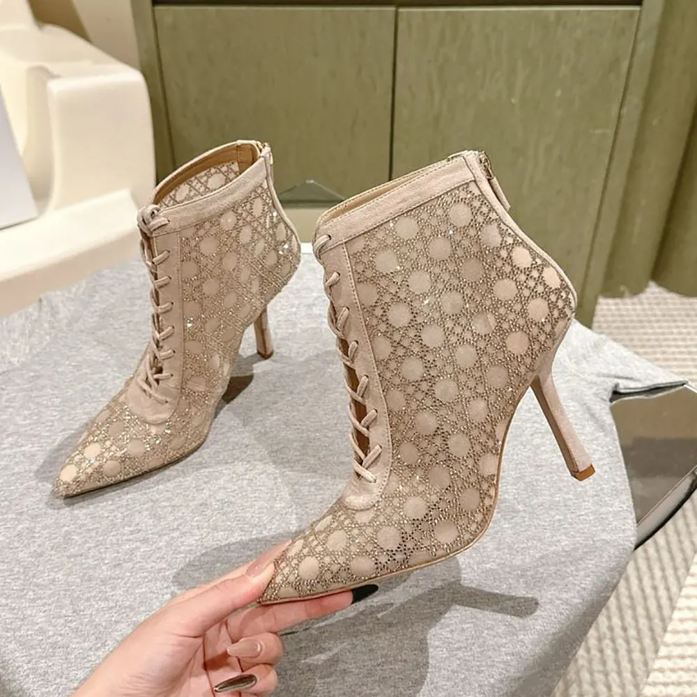 Side view of Dior Women Naughtily-D Heeled Ankle Boot Transparent Mesh-Beige