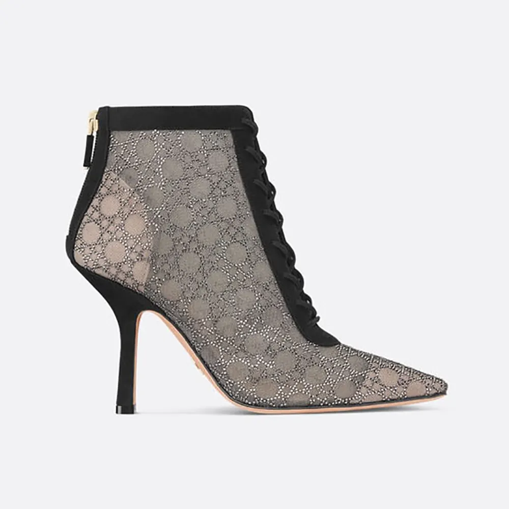 Front angle of Dior Women Naughtily-D Heeled Ankle Boot Transparent Mesh-Black