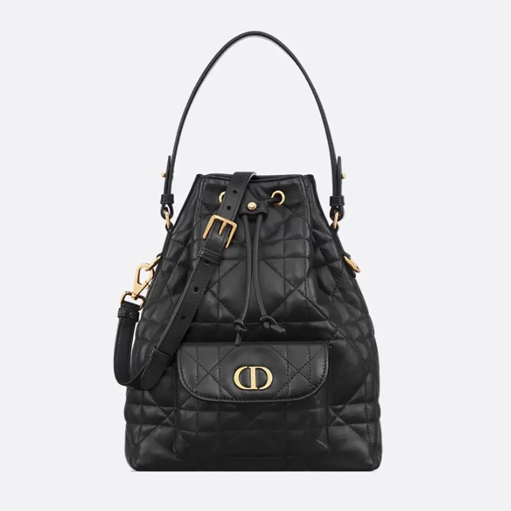 Front view of Dior Women Small Dior Caro Bucket Bag Black Macrocannage Lambskin