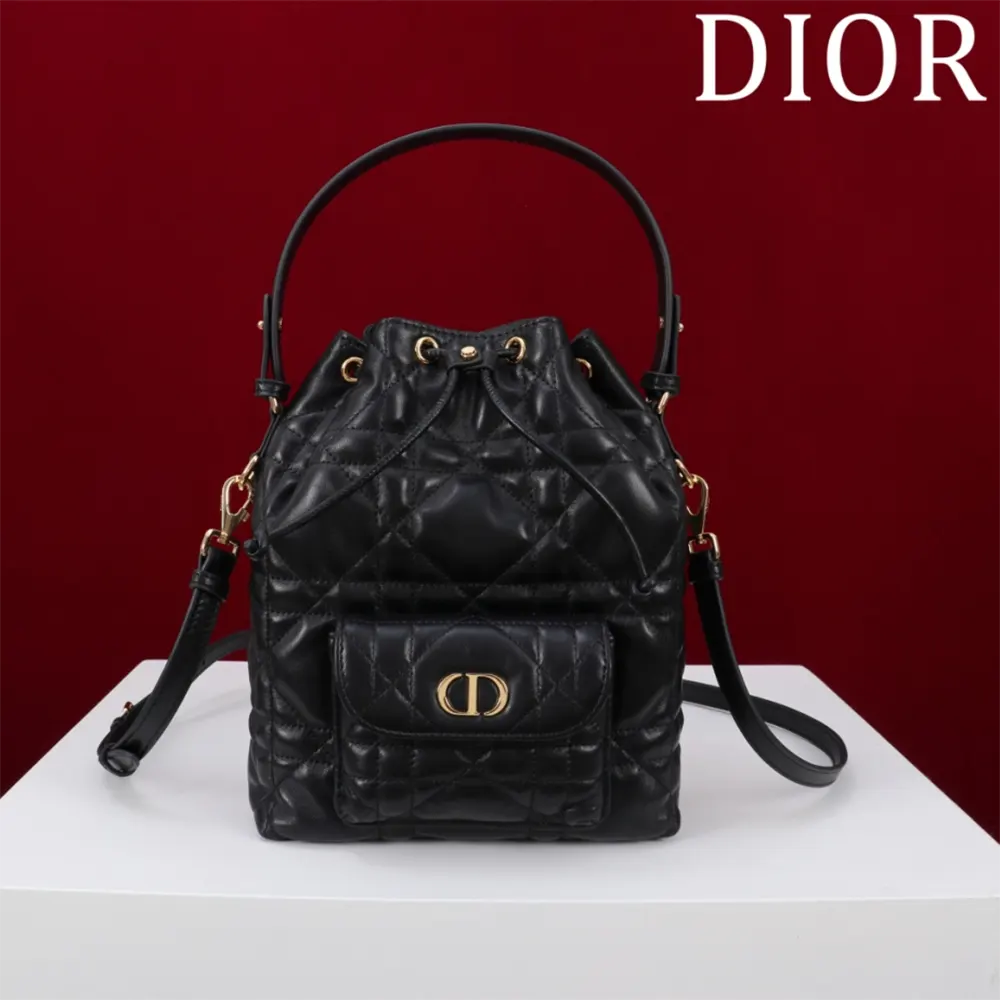 Close-up of Macrocannage stitching on Dior Women Small Dior Caro Bucket Bag