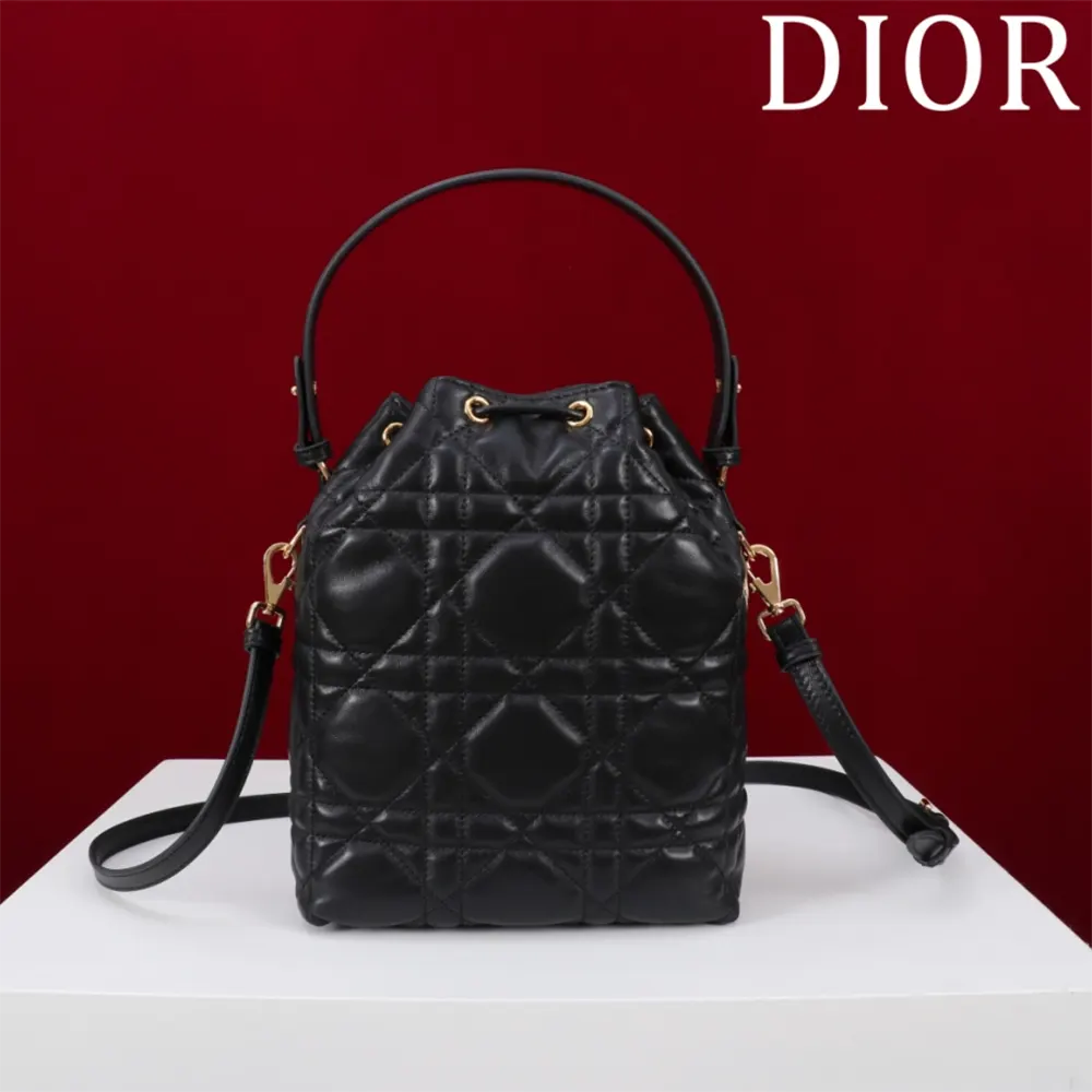 Side angle showing drawstring closure on Dior Women Small Dior Caro Bucket Bag