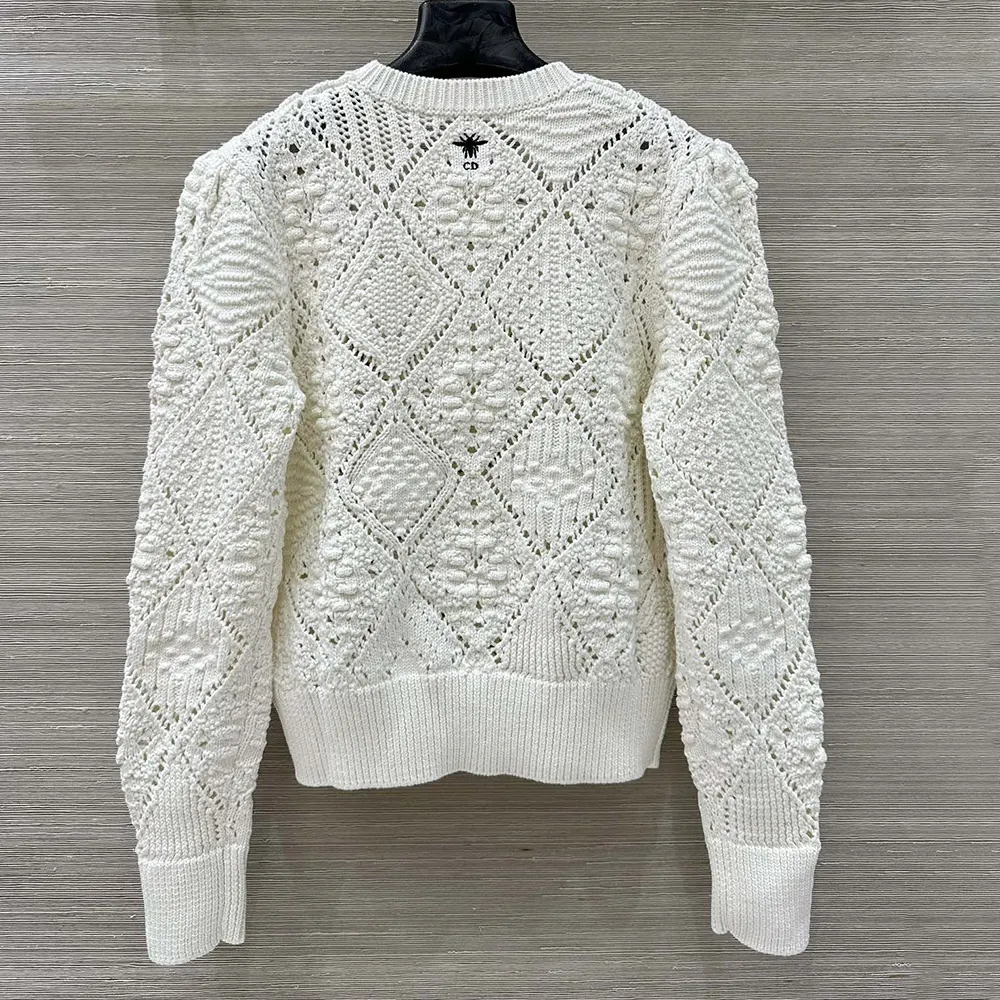 Detail of openwork cotton knit pattern on Dior Women Sweater White Openwork Cotton Knit