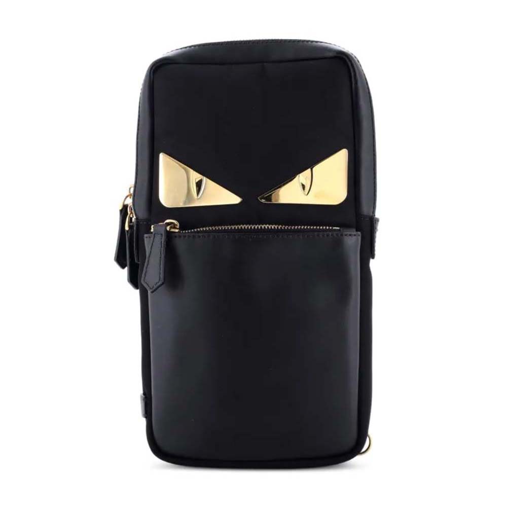 Front view of Fendi Men Monster Sling Bag Nylon And Leather Medium Crossbody Bag In Black