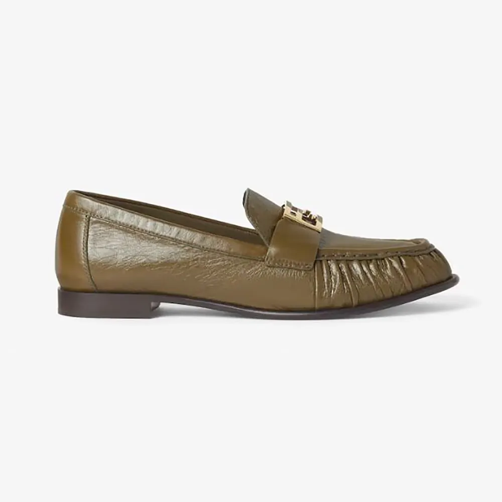 Side view of Fendi Women Baguette Green Nappa Leather Loafers showing silhouette