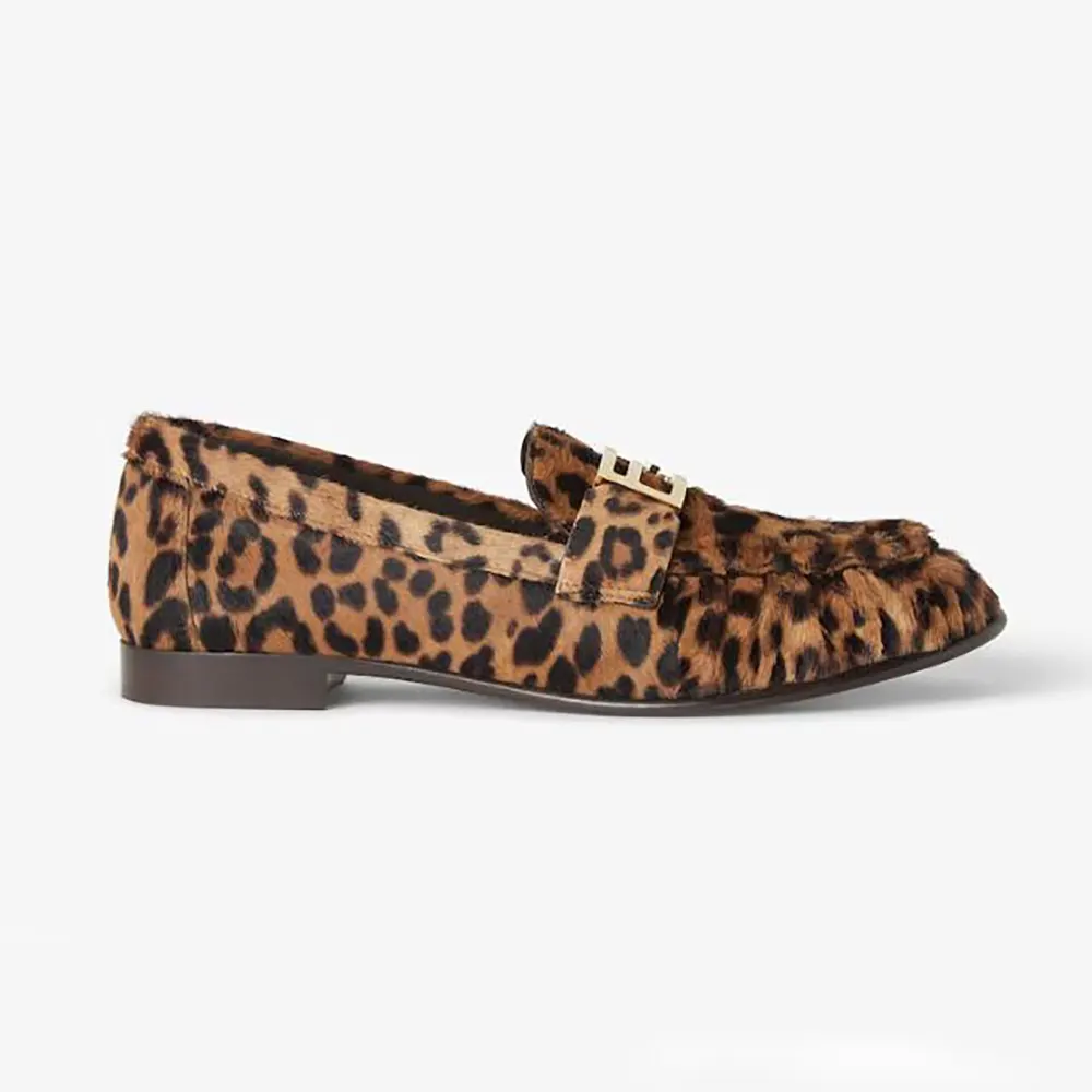 Side angle of Fendi Women Baguette Printed Cavallino Calfskin Loafers in brown