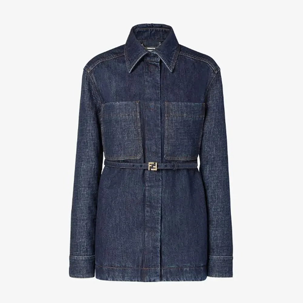 Front view of Fendi Women Dark Blue Denim Go-To Jacket with button closure