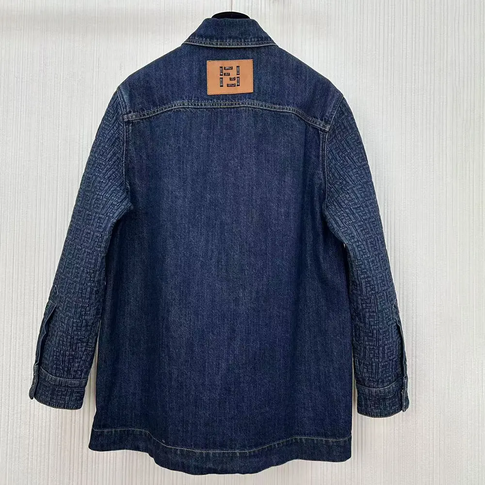 Side angle highlighting tailored silhouette of Fendi Women Dark Blue Denim Go-To Jacket