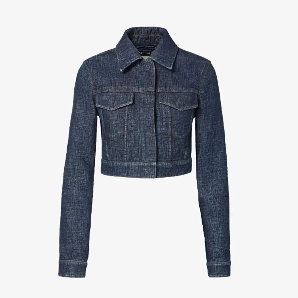 Front view of Fendi Women Dark Blue FF Denim Jacket showing logo embroidery
