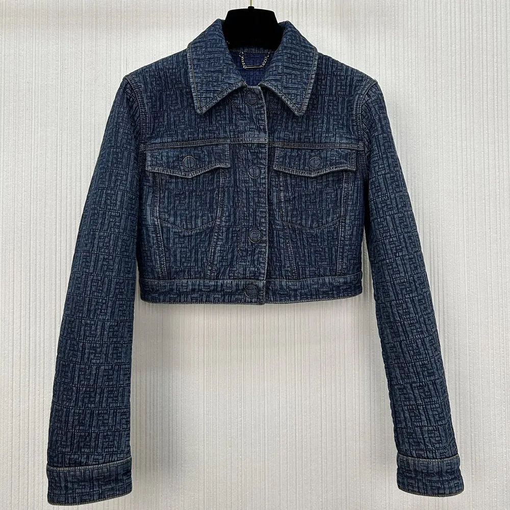 Close-up detail of gold FF embroidery on Fendi Women Dark Blue FF Denim Jacket