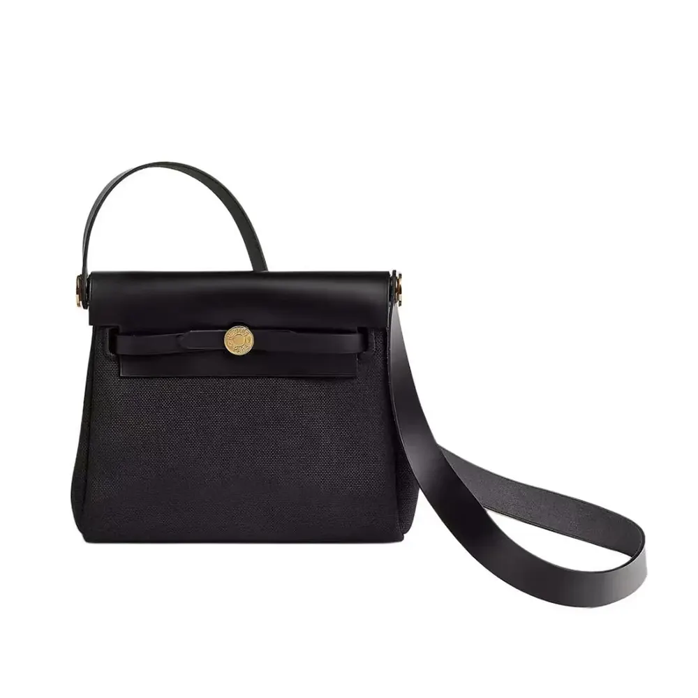 Front view of Hermes Women Herbag Zip 20 Bag-Black/Gold showing zip detail