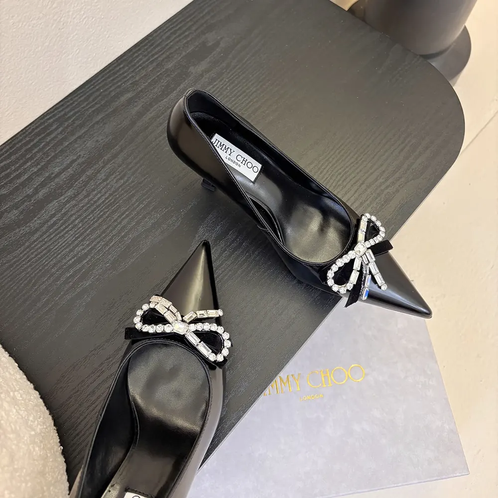 Jimmy Choo Women Auria 70mm Black Soft Spazzolato Pumps with Velvet and Crystal Bow - image 6