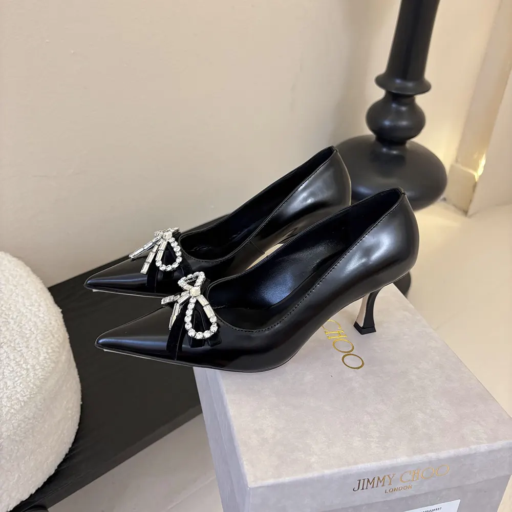 Jimmy Choo Women Auria 70mm Black Soft Spazzolato Pumps with Velvet and Crystal Bow - image 5