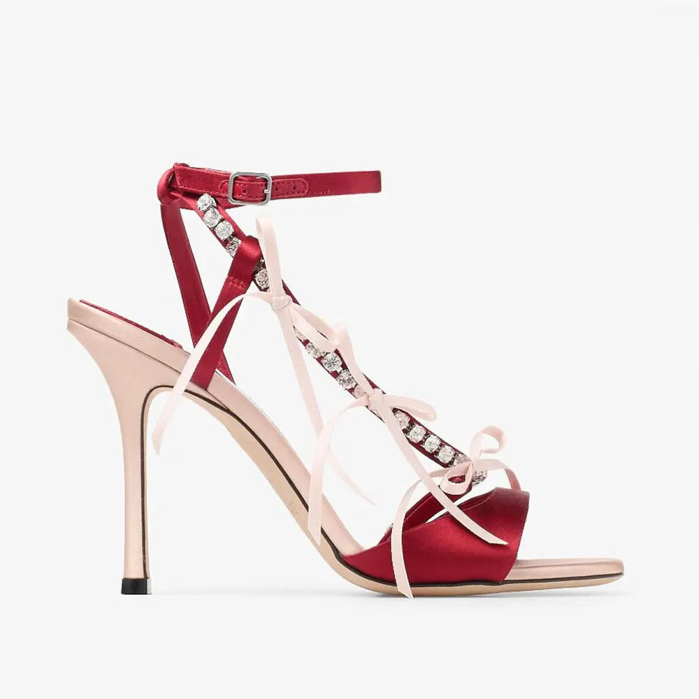 Front angle of Jimmy Choo Women Lula 100mm Macaron and Ruby Red Satin Sandals