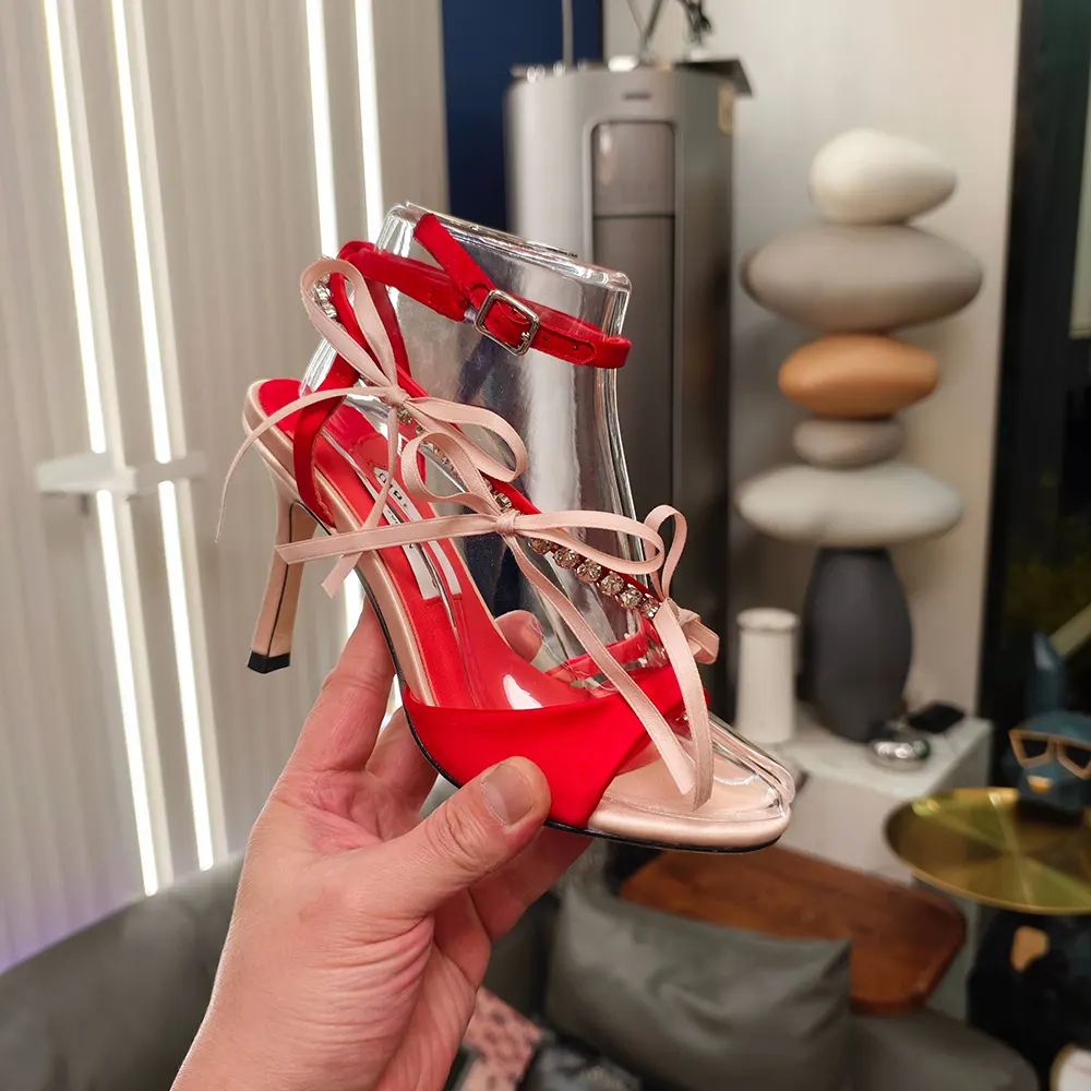 Jimmy Choo Women Lula 100mm Macaron and Ruby Red Satin Sandals with Bows - image 10
