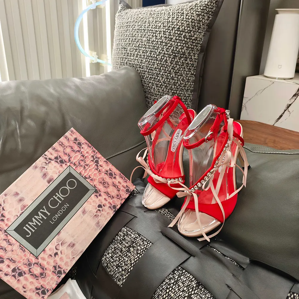 Jimmy Choo Women Lula 100mm Macaron and Ruby Red Satin Sandals with Bows - image 4