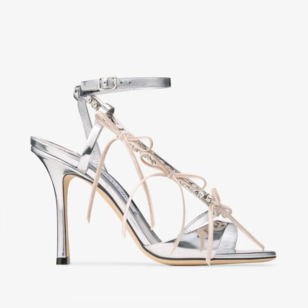 Side angle of Jimmy Choo Women Lula 100mm Silver Liquid Metal Sandals