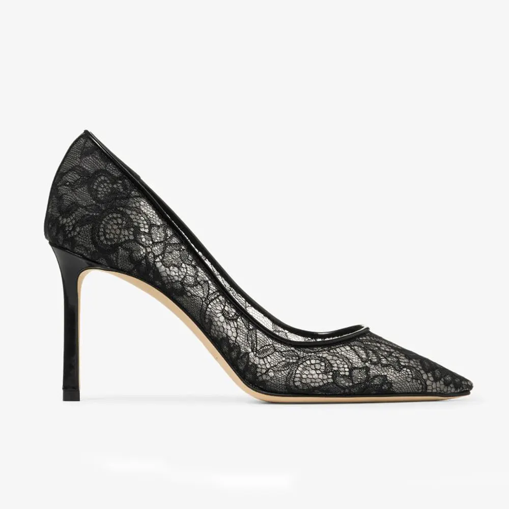 Side view of Jimmy Choo Women Romy 85 Black Jimmy Choo Lace Pumps