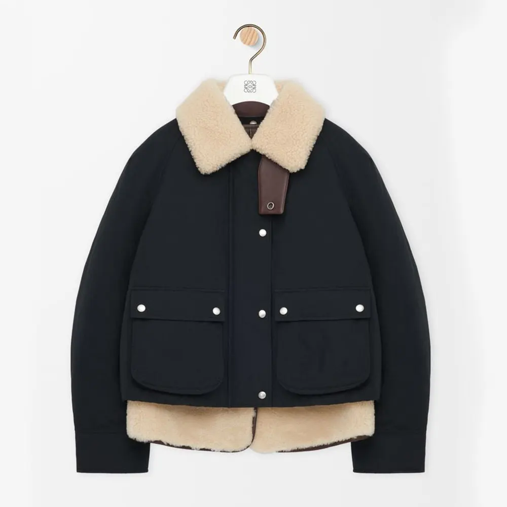 Front view of Loewe Women Puffer in Shearling and Cotton Blend-Black coat