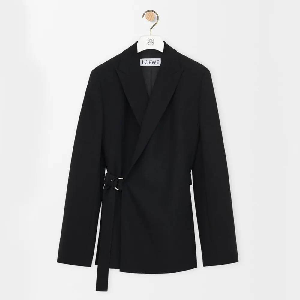 Front view of Loewe Women Draped Jacket In Wool-Black showing silhouette