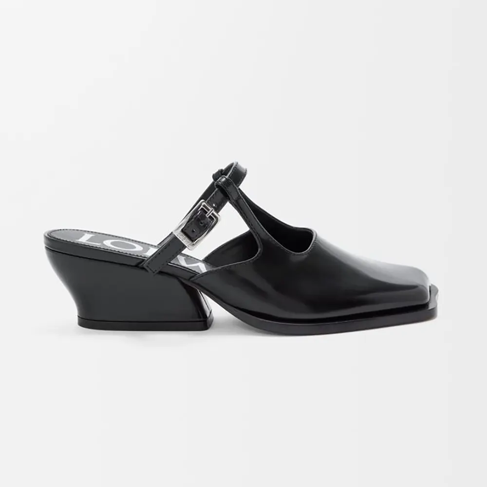 Side angle of Loewe Women Onda Mule In Brushed Calfskin-Black showing heel