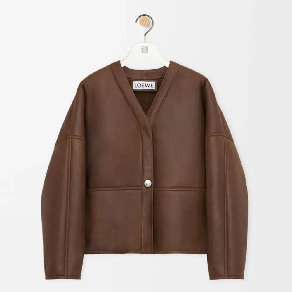 Front view of Loewe Women Pebble Cardigan in Shearling-Brown