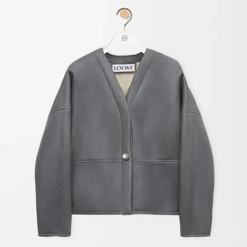 Front view of Loewe Women Pebble Cardigan In Shearling-Light Grey