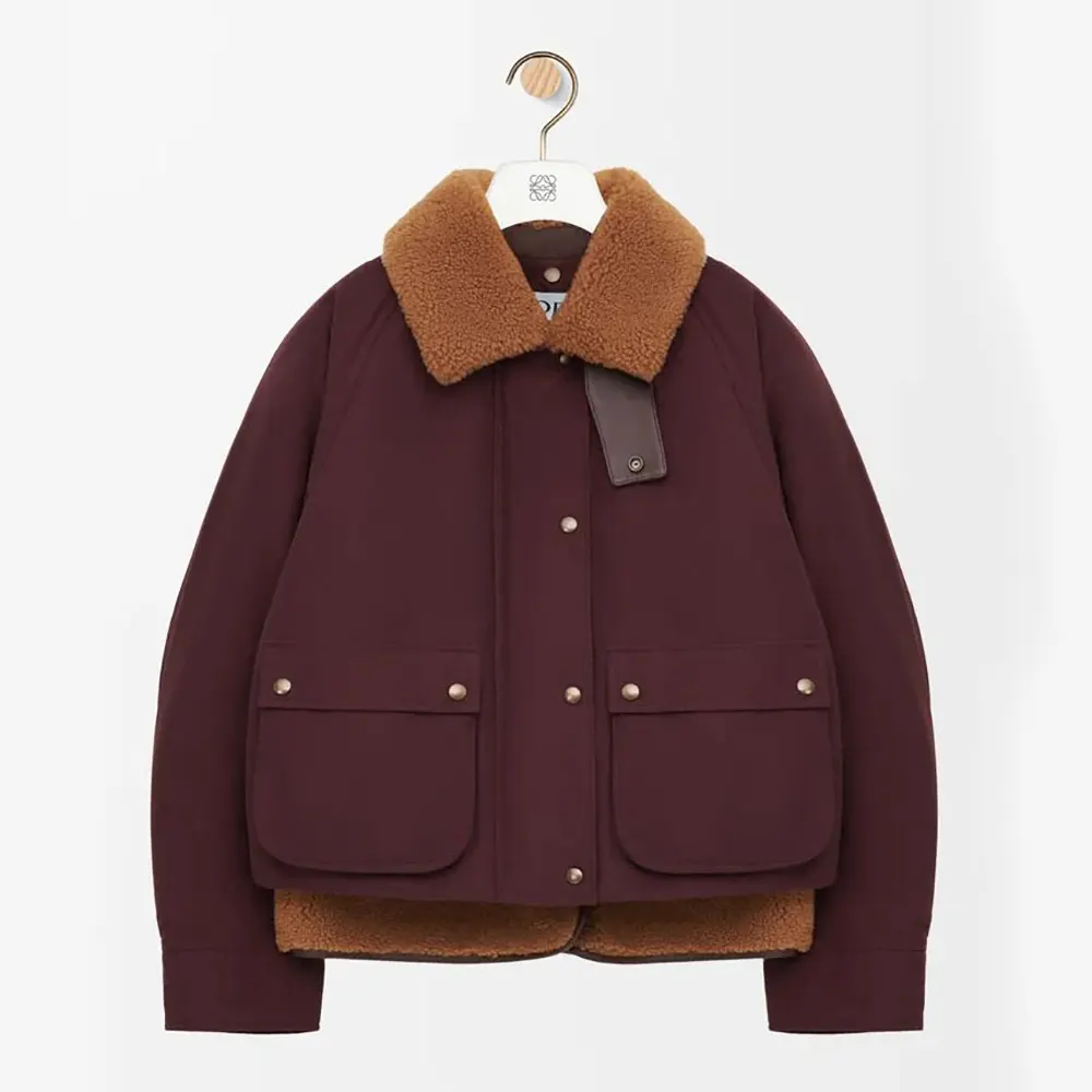 Front view of Loewe Men Puffer in Shearling and Cotton Blend-Burgundy coat
