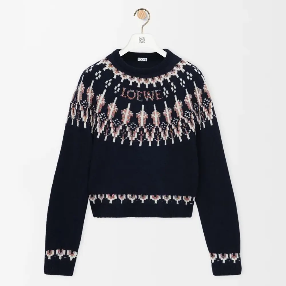 Front view of Loewe Men Sweater in Wool Blend-Navy showing crew neck