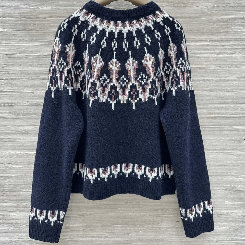 Side angle of Loewe Men Sweater in Wool Blend-Navy with ribbed cuffs