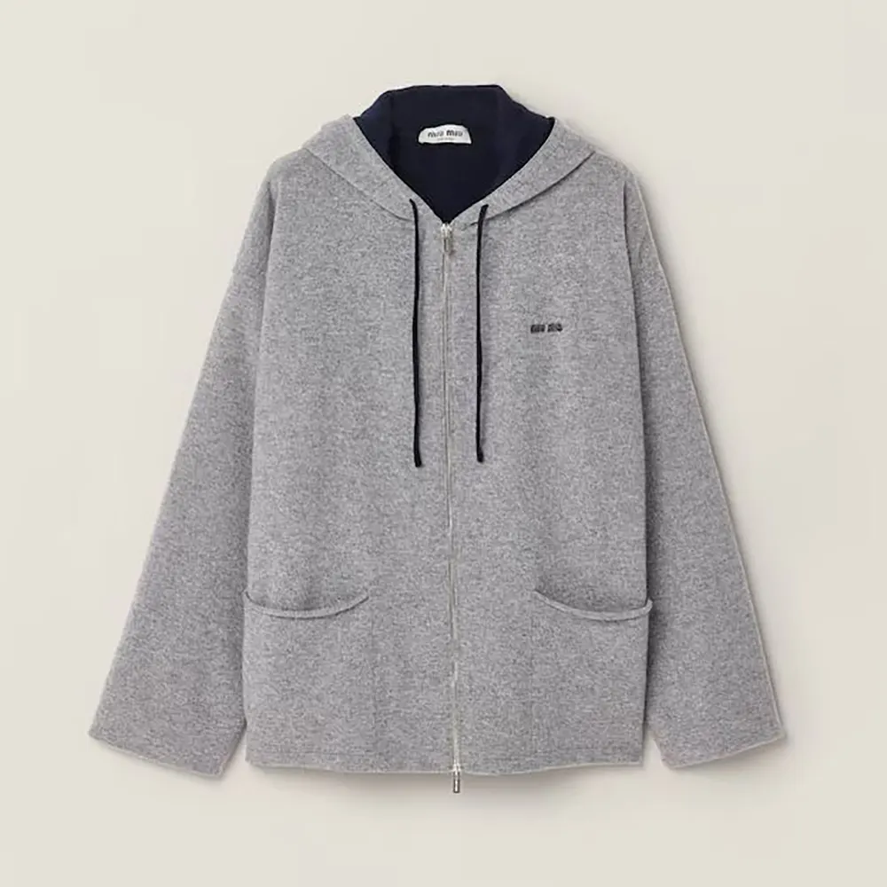 Front view of Miu Miu Women Cashmere Cardigan Hoodie in gray