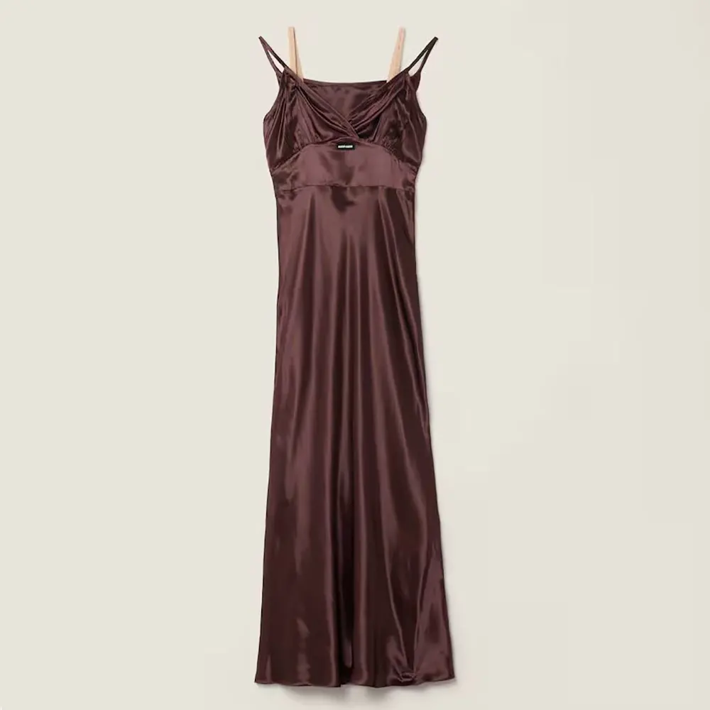 Front view of Miu Miu Women Long Satin Dress-Brown showing silhouette