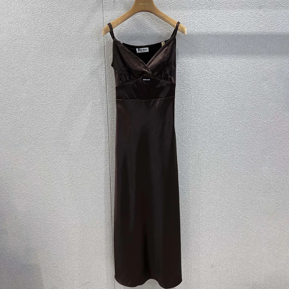 Close-up detail of adjustable straps on Miu Miu Women Long Satin Dress-Brown
