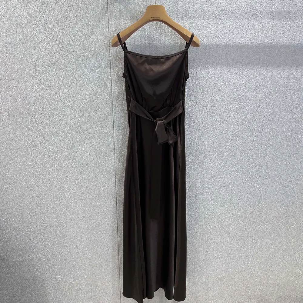 Side slit and satin sheen detail on Miu Miu Women Long Satin Dress-Brown